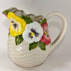 Vtg Fitz Floyd Pitcher Pansy Parade Ceramic Pottery White Hand Painted FF 90s